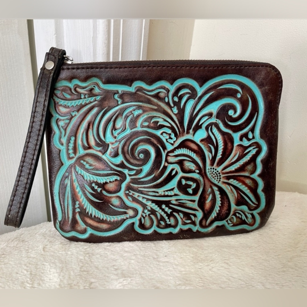 Patricia Nash Leather Large Slim Wristlet Clutch Dark Brown Tooled Turquoise EUC - Picture 3 of 16